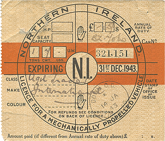 Northern Ireland December 1943 tax disc with selvedge